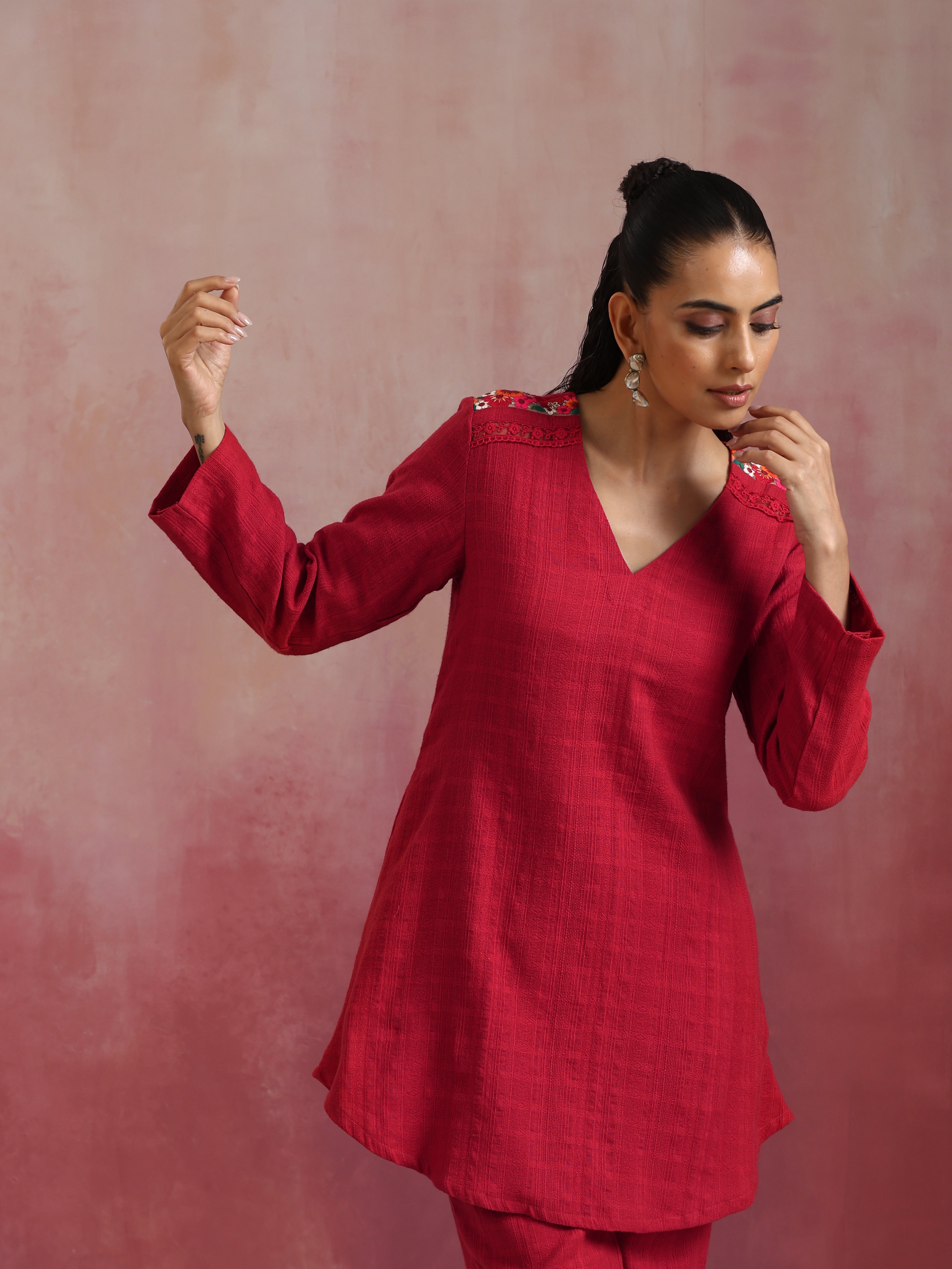 trueBrowns Red Cotton Dobby Kurta Co-ord set | Grocsy