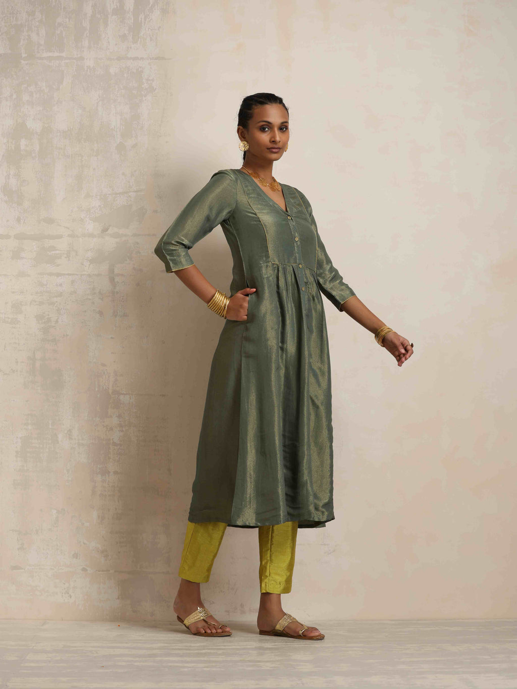 trueBrowns Green Tissue A-line Kurta Set | Grocsy