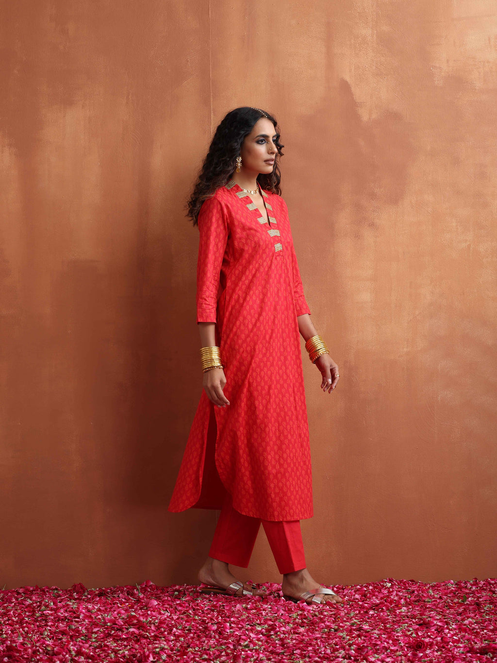 trueBrowns Red Print A-line Kurta Set | Grocsy