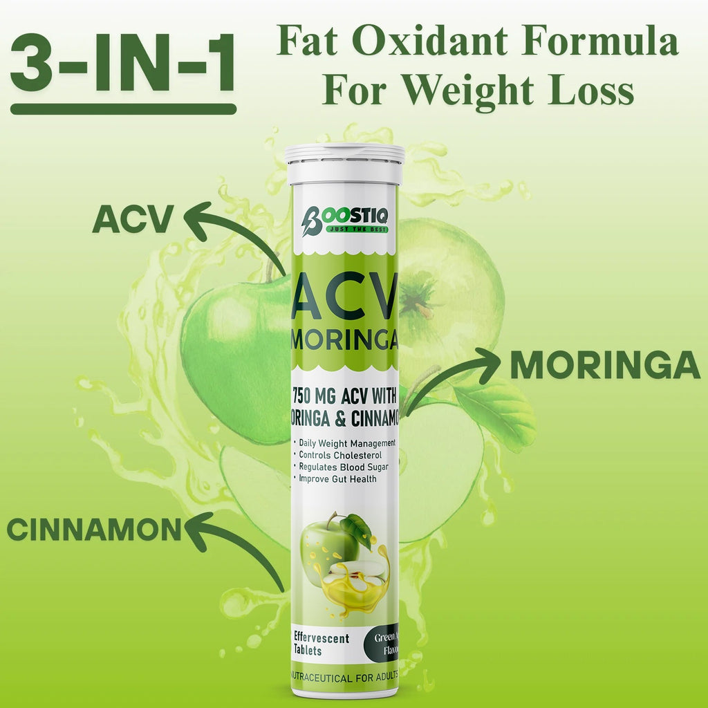 BOOSTIQ Apple Cider Vinegar With Moringa Effervescent Tablets - Green Apple Flavour | Grocsy