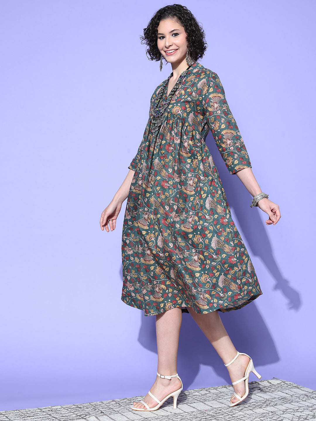 InWeave Women's Green Jaal Print Dress | Grocsy