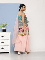 Ahalyaa Women Green Floral Printed Gotta Patti Kurta with Sharara & With Dupatta | Grocsy