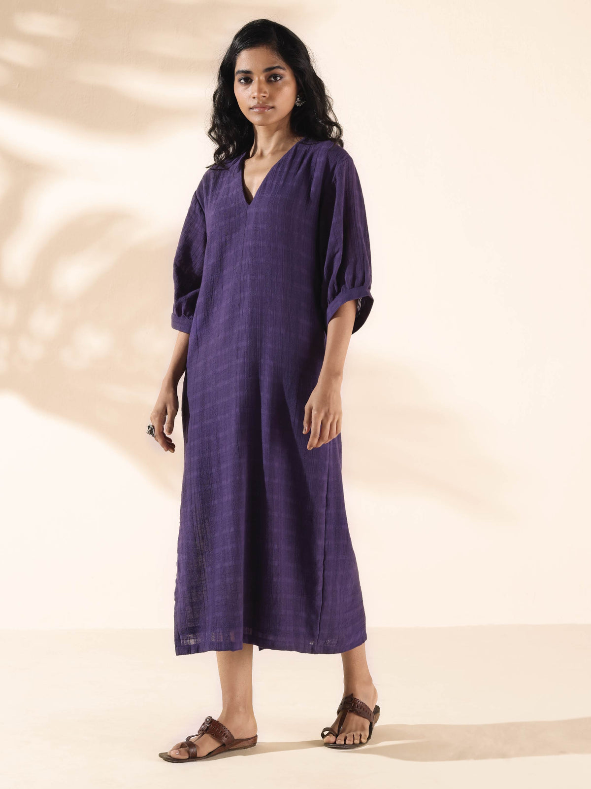 trueBrowns Purple Cotton Dobby Slit Dress | Grocsy