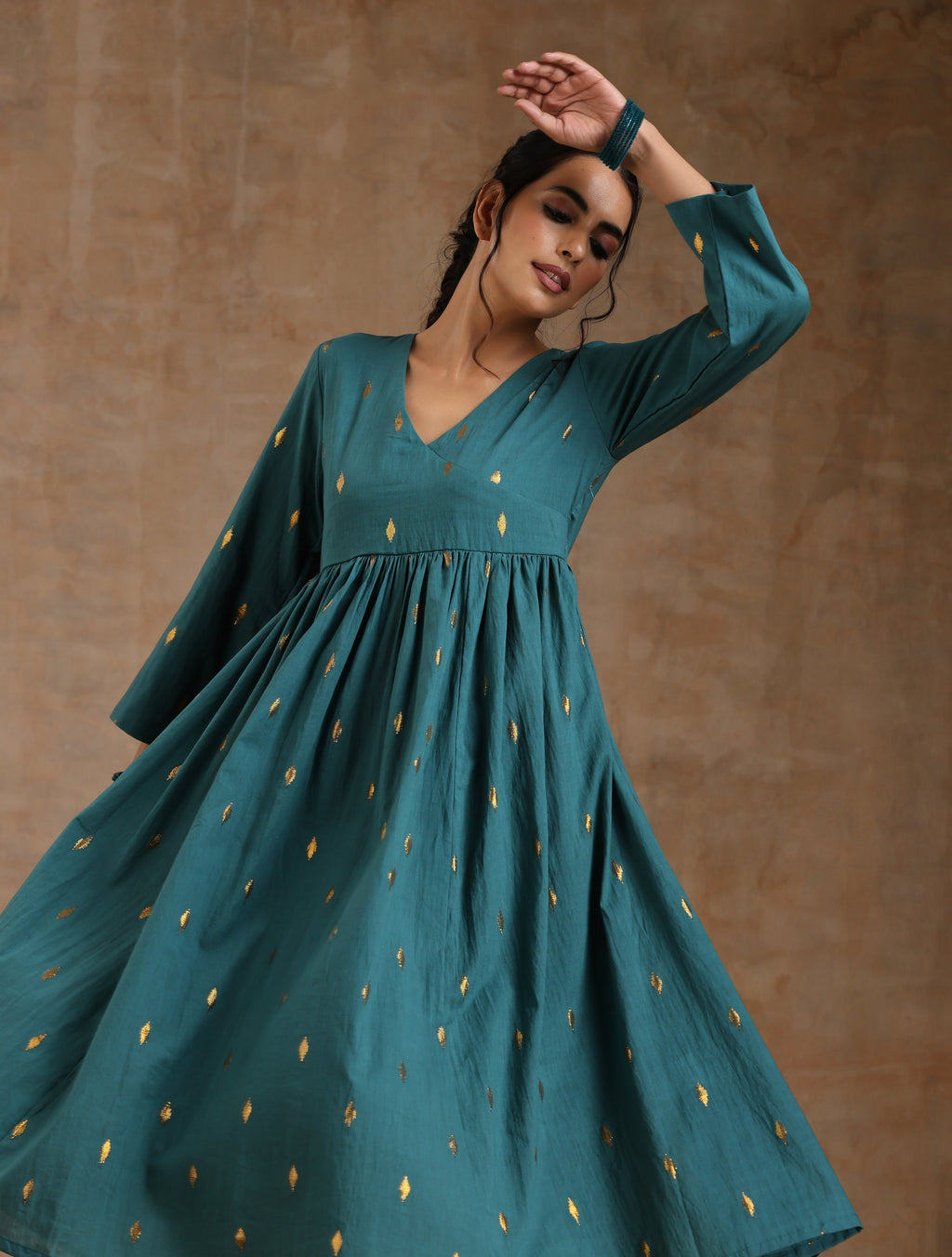 trueBrowns Deep Sea Gold Cotton Kalidar Kurta Set | Grocsy