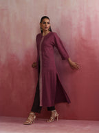 trueBrowns Mauve Cotton Dobby Front Slit Kurta Set | Grocsy