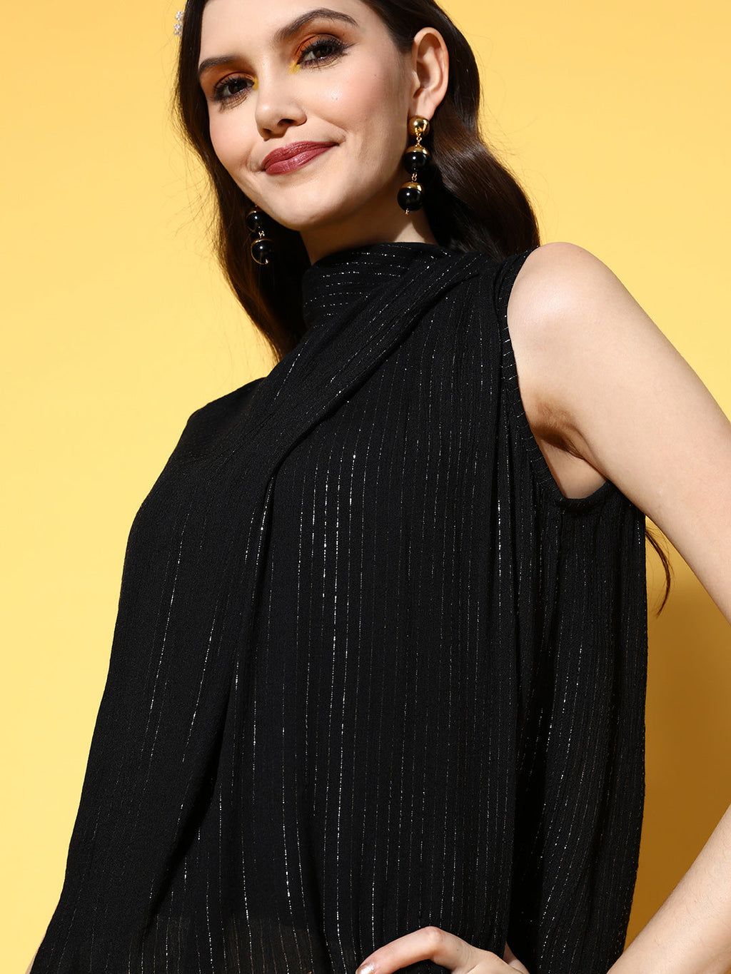 InWeave Women's Black Lurex Tie Up Top | Grocsy