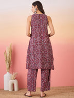 InWeave Maroon Navy Ajrakh Foil Round Neck Kurta Pant Set | Grocsy