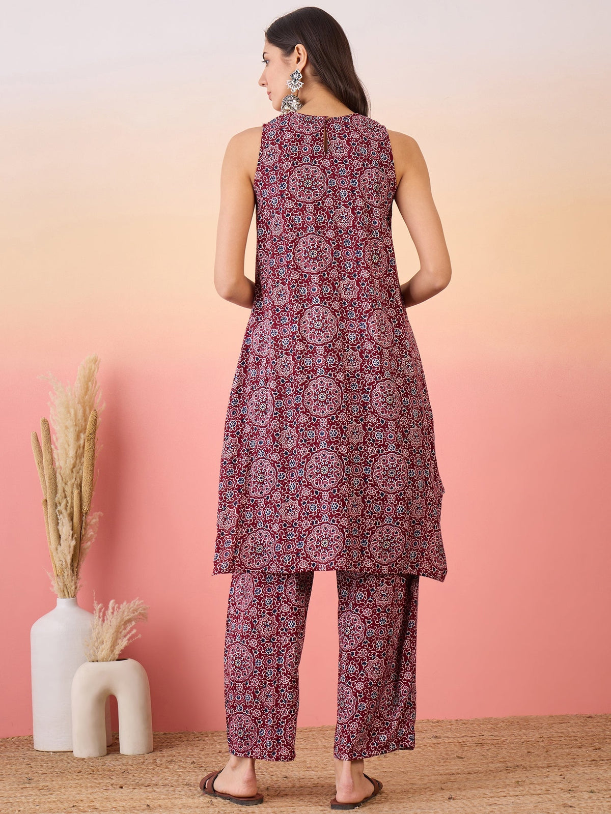 InWeave Maroon Navy Ajrakh Foil Round Neck Kurta Pant Set | Grocsy