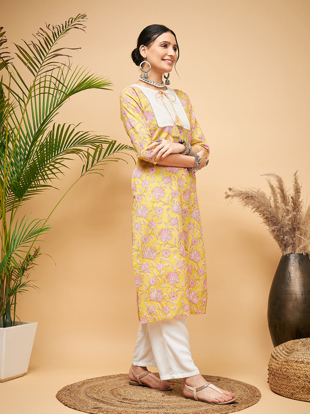InWeave Women's Lime Pink Print Patch Cotton Straight Kurta | Grocsy