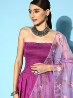 InWeave Purple Off Shoulder Silk Kurta Set -Mauve Hand Painted Dupatta | Grocsy