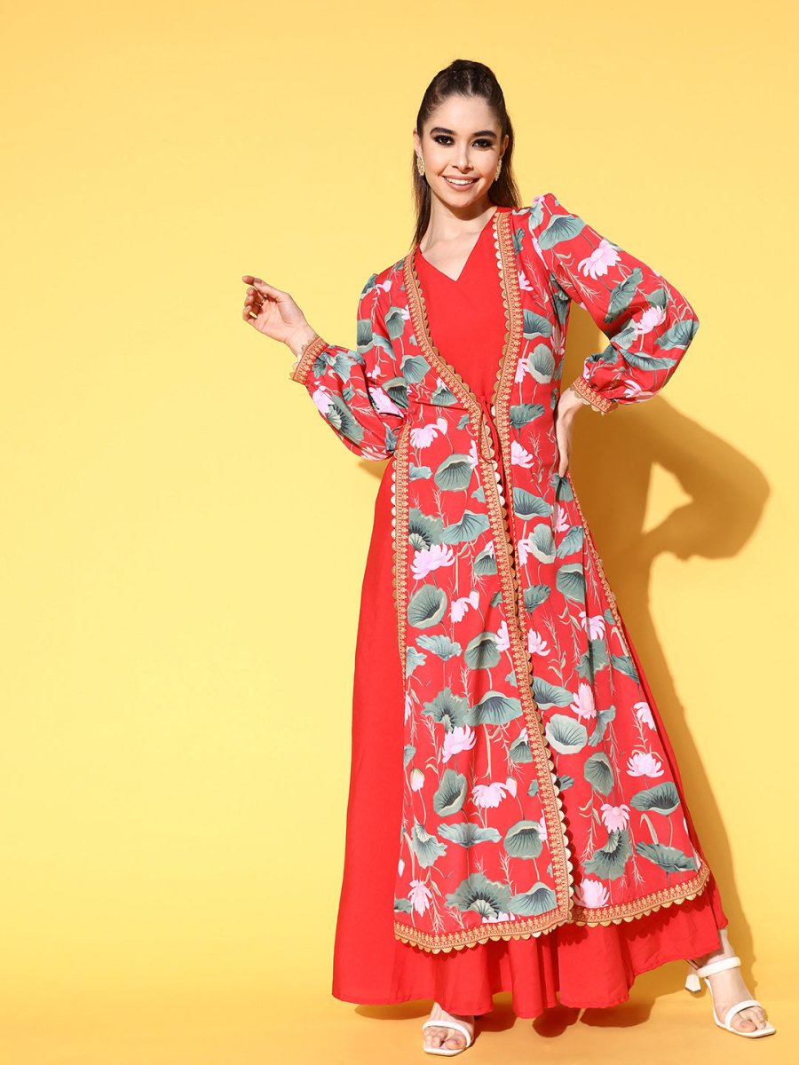 Ahalyaa Floral Printed Tie-Ups Maxi Ethnic Dress | Grocsy
