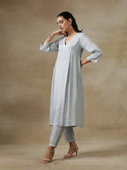 trueBrowns Grey Bandhani Printed Silk Yoke Kurta Pant Set | Grocsy