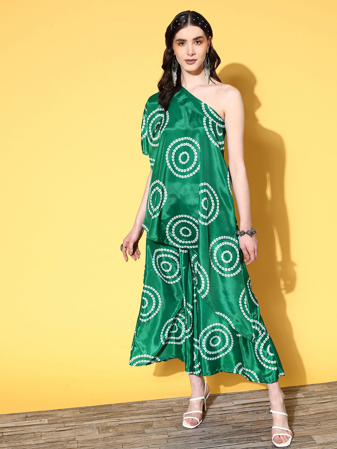 InWeave Women's Green Bandhani Motif One Shoulder Palazzo Set | Grocsy