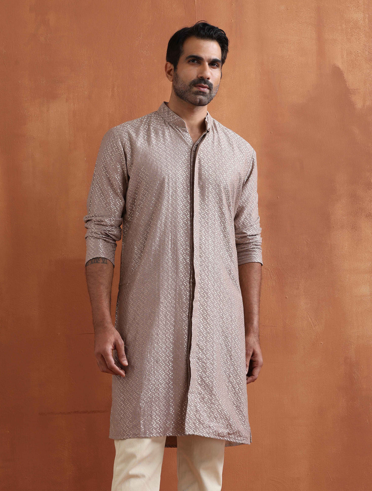trueBrowns Men's Beige Cotton Dobby Kurta | Grocsy