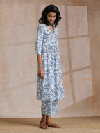 trueBrowns White With Overall Blue Print Cotton Slit Gathered Kurta Set | Grocsy
