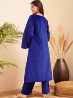 InWeave Women's Royal Blue V Neck Asymmetrical Pleated Velvet Kurta Set | Grocsy