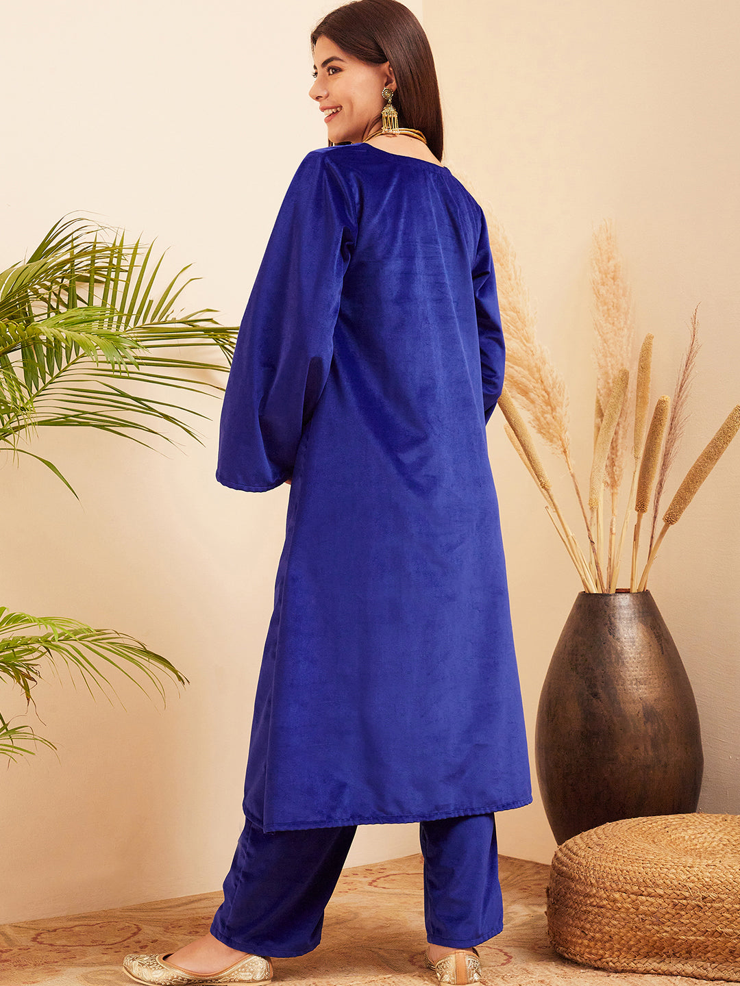 InWeave Women's Royal Blue V Neck Asymmetrical Pleated Velvet Kurta Set | Grocsy