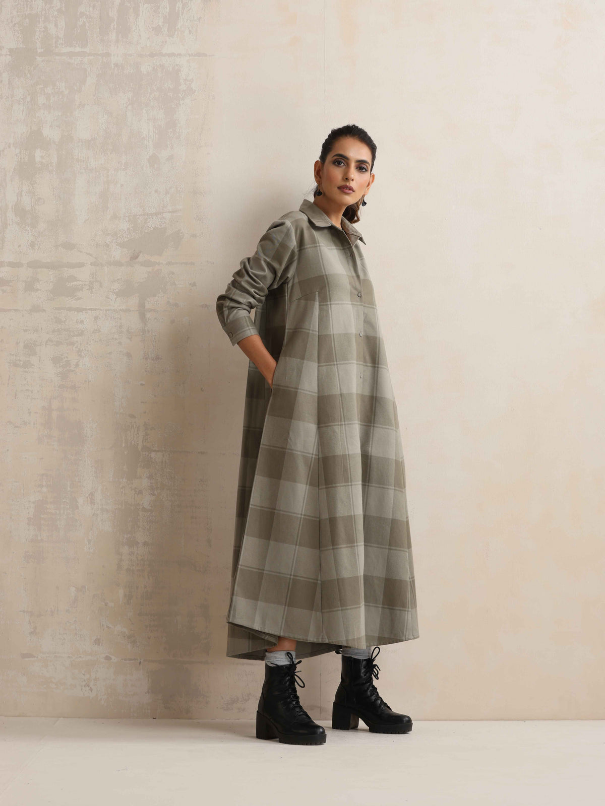 trueBrowns Green Check Flared Winter Dress | Grocsy