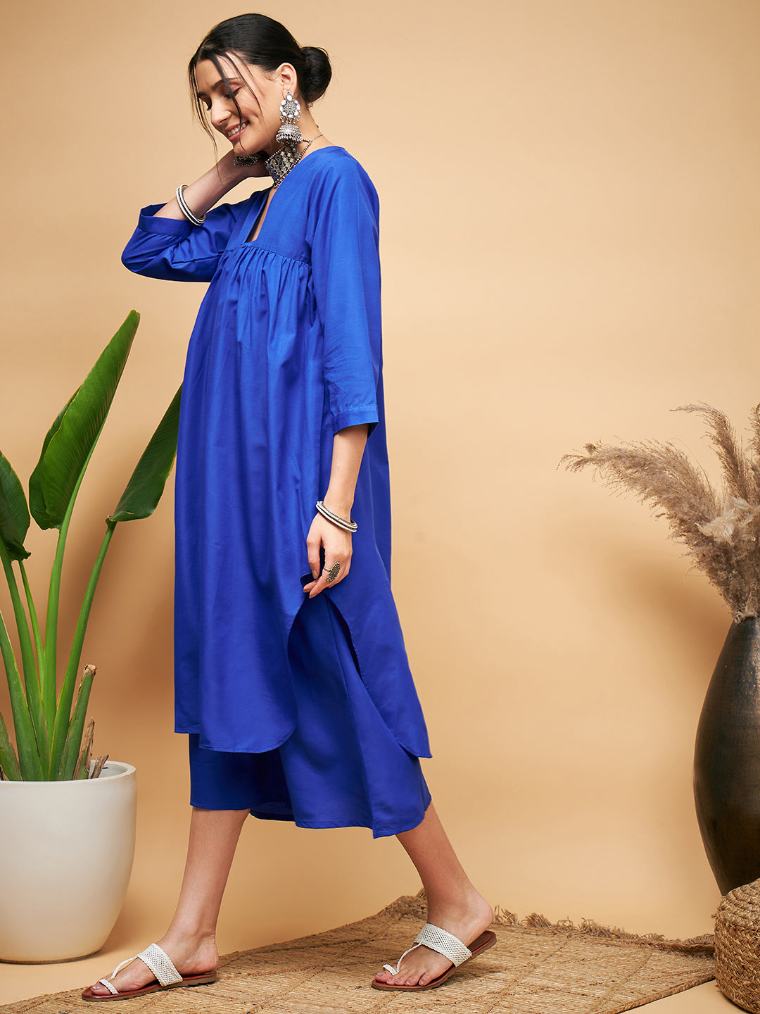 InWeave Women's Ink Blue Flared Kurta Palazzo Set | Grocsy