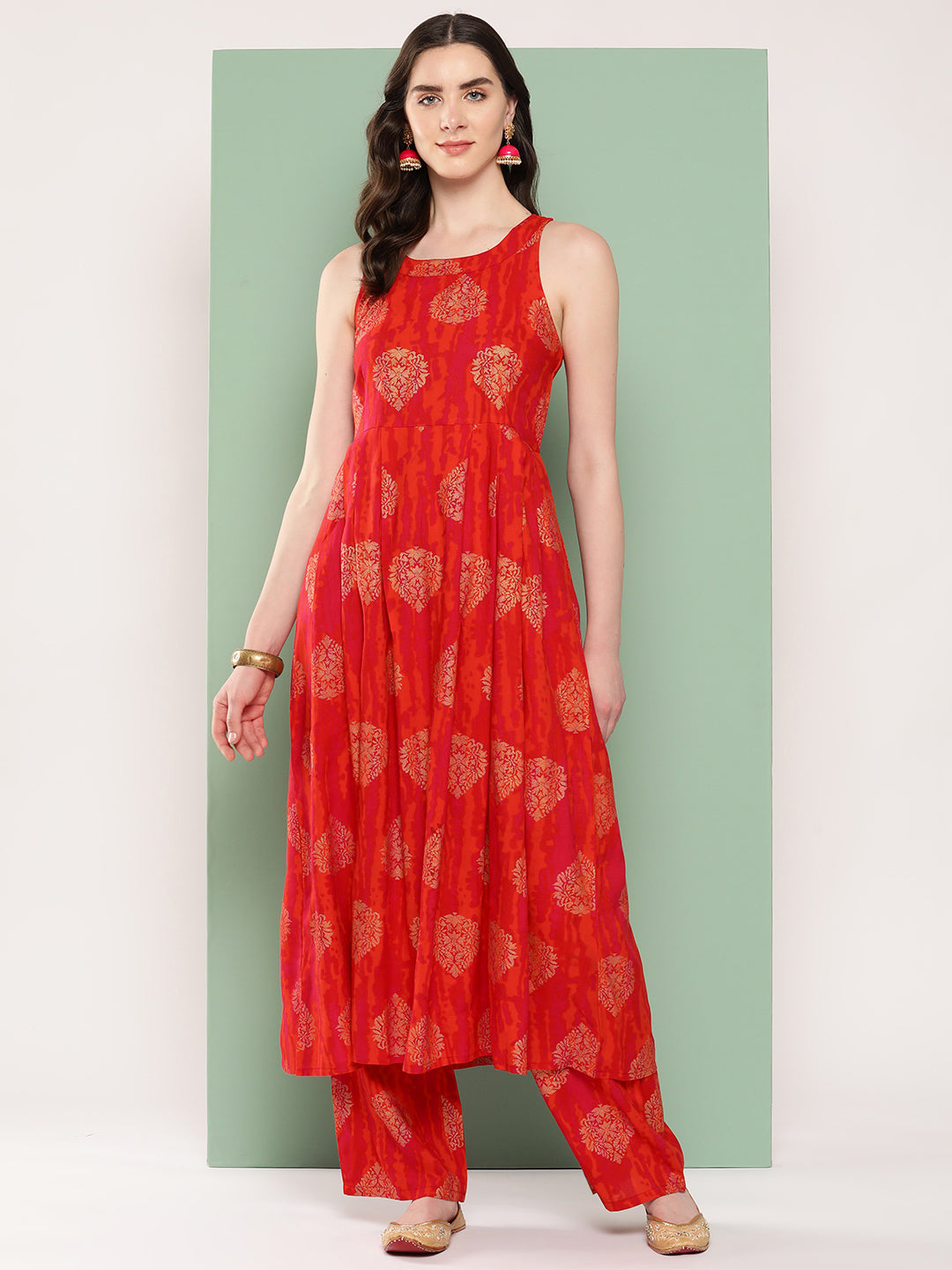 InWeave Women's Rust Mughal Print Raisa Back Detial Long Coords Set | Grocsy