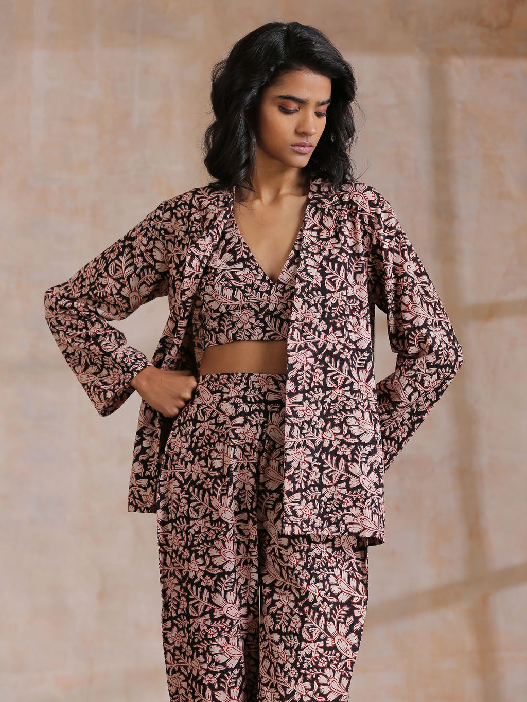 trueBrowns Black Floral Overall Bagru Print Cotton Pant Suit Set | Grocsy