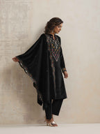 trueBrowns Black Velvet Geometric Embroidered Kurta Pant Dupatta Set | Grocsy