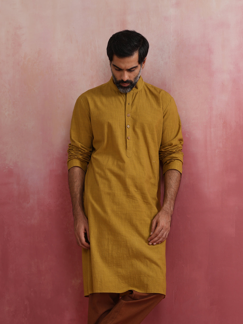 trueBrowns Men's Mustard Mandarin Collar Kurta | Grocsy