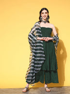 InWeave Women's Green Mirror Work Off Shoulder Kurta Set With Dupatta | Grocsy