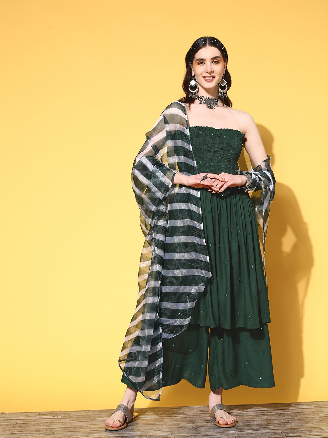 InWeave Women's Green Mirror Work Off Shoulder Kurta Set With Dupatta | Grocsy