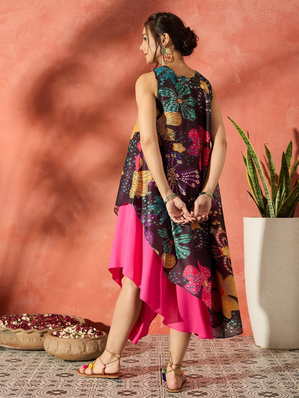 InWeave Black Floral Fuchsia Asymmetrical Dress | Grocsy
