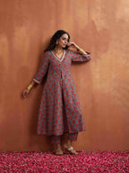 trueBrowns Rust Ajrak Print Slit Kurta Set | Grocsy