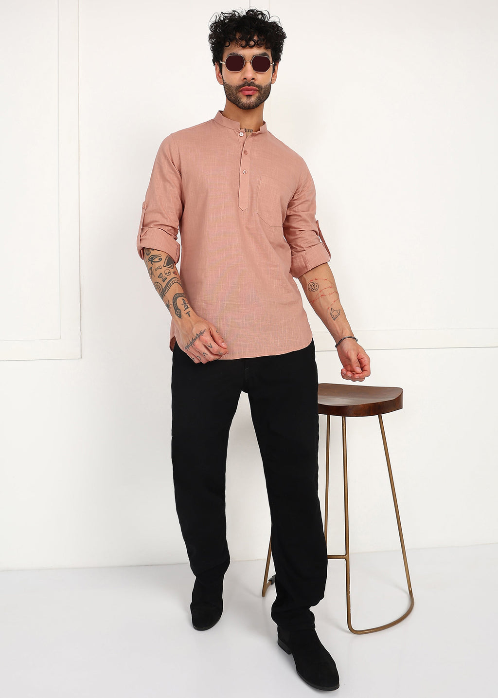 Fabmade Men’S Peach Linen Short Kurta | Grocsy