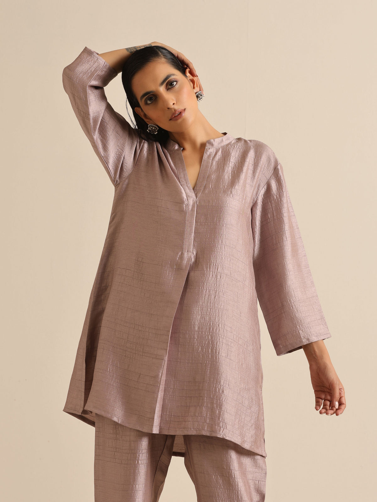 trueBrowns Grey Silk Texture Relaxed Co-Ord Set | Grocsy