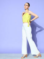 InWeave Women's Camel Brown Cream Pant Coord Set With Lime Green Crop Top | Grocsy