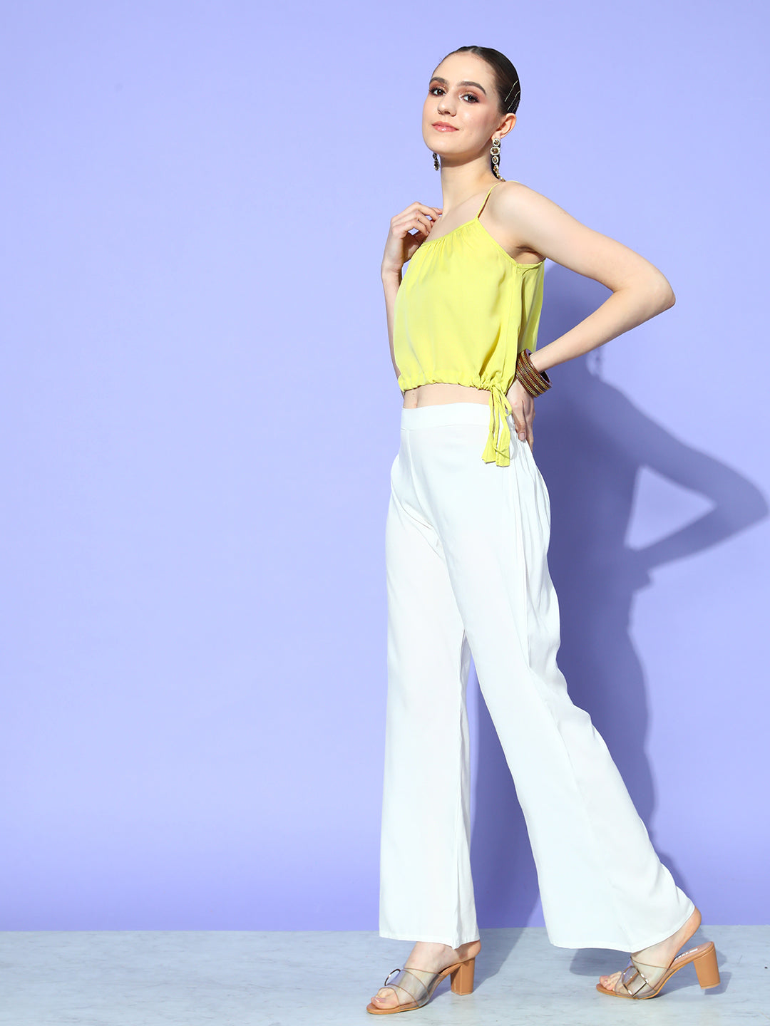 InWeave Women's Camel Brown Cream Pant Coord Set With Lime Green Crop Top | Grocsy