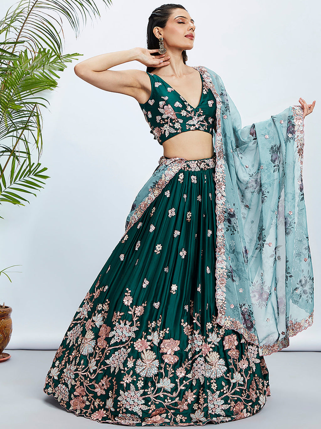 House of Panchhi Teal Pure Georgette Sequins And Thread Embroidery Lehenga Choli & Dupatta | Grocsy