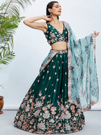 House of Panchhi Teal Pure Georgette Sequins And Thread Embroidery Lehenga Choli & Dupatta | Grocsy