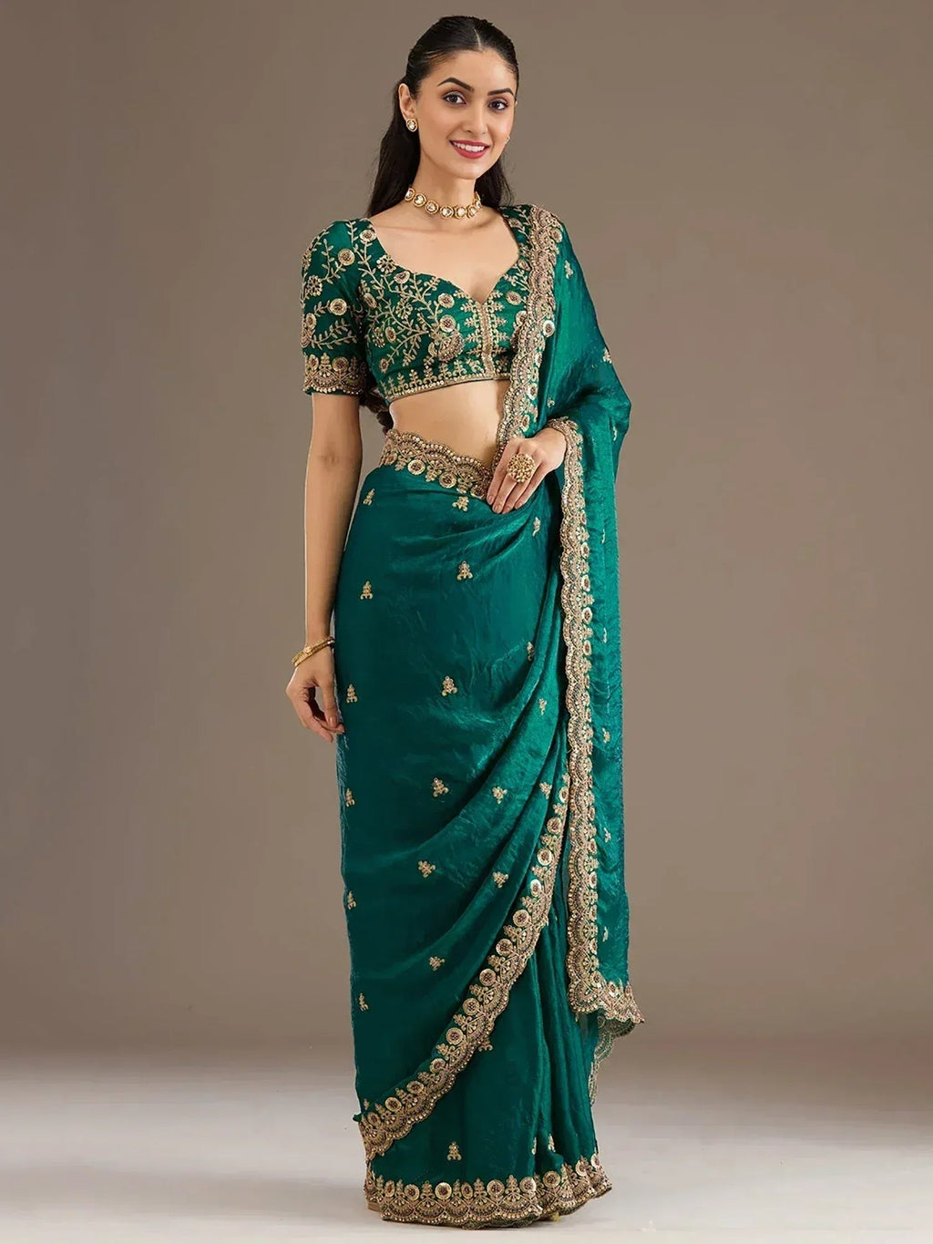 Tulsi Art Charming Green Zari Embroidered Silk Reception Wear Saree With Blouse | Grocsy