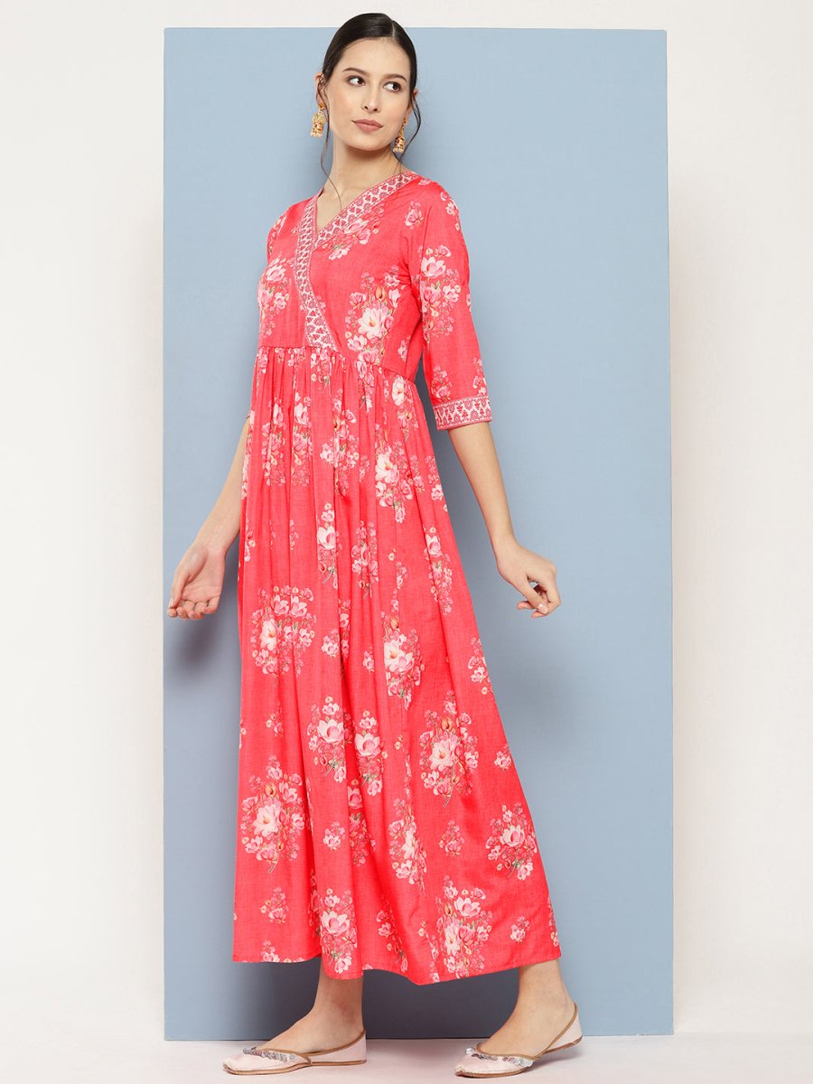 Ahalyaa Floral Printed Pleated Maxi Empire Ethnic Dress | Grocsy
