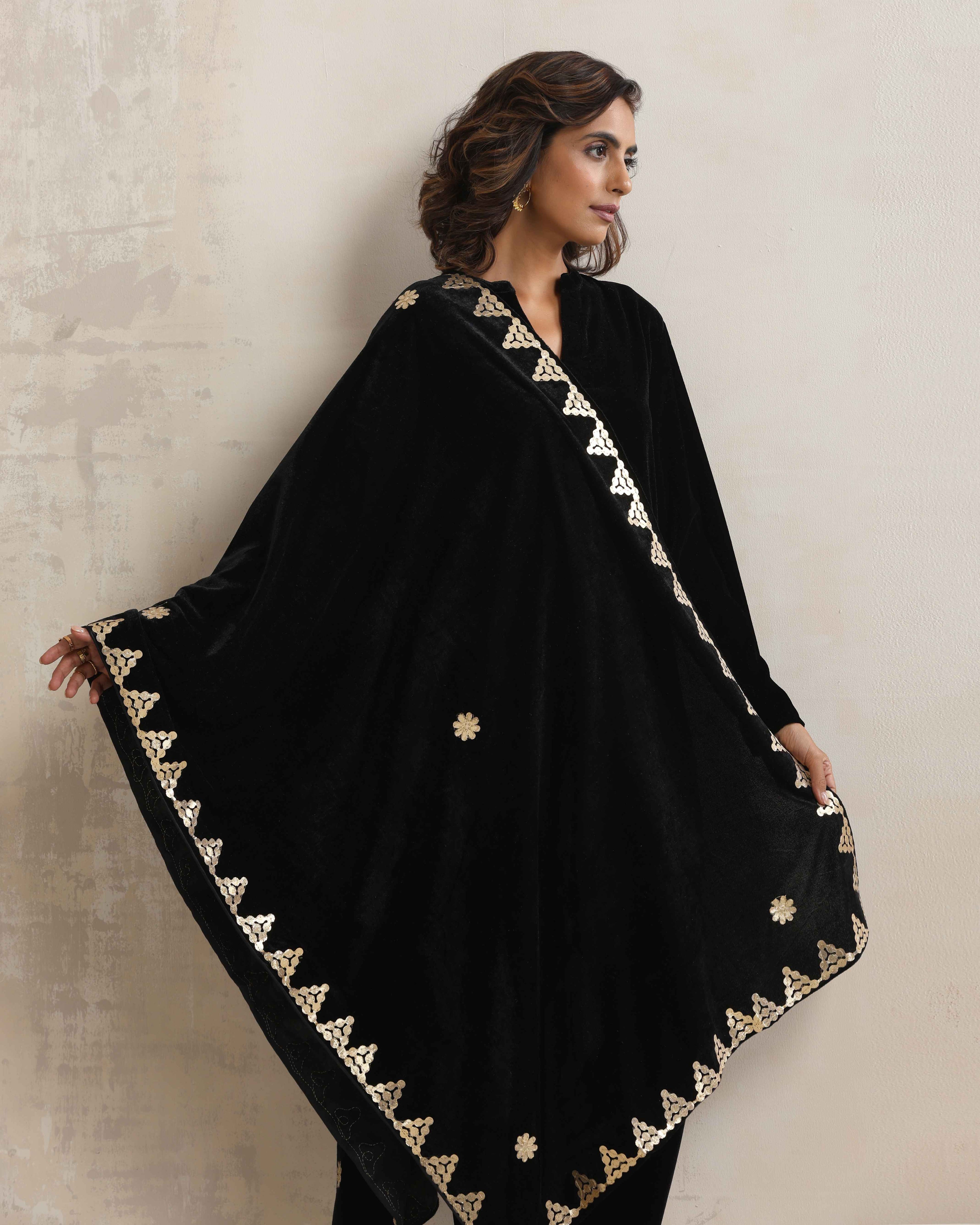 trueBrowns Black Velvet Gota Patti Stole | Grocsy