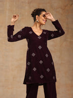 trueBrowns Wine Velvet Embroidered Co-ord Set | Grocsy