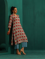 trueBrowns Ivory Red Circle Floral Muslin Silk Printed V-Neck Kurta Pant Set | Grocsy