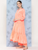 InWeave Women's Peach Tiered Kurta Set With White Pink Lotus Cr Dupatta | Grocsy