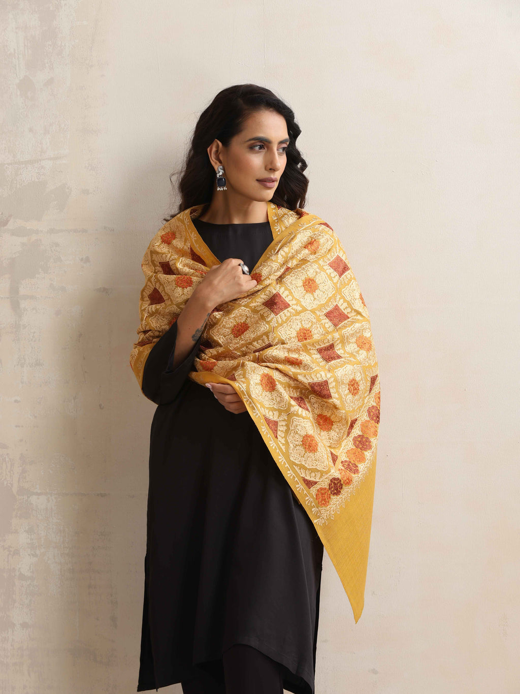 trueBrowns Mustard Embroidered Woollen Stole | Grocsy