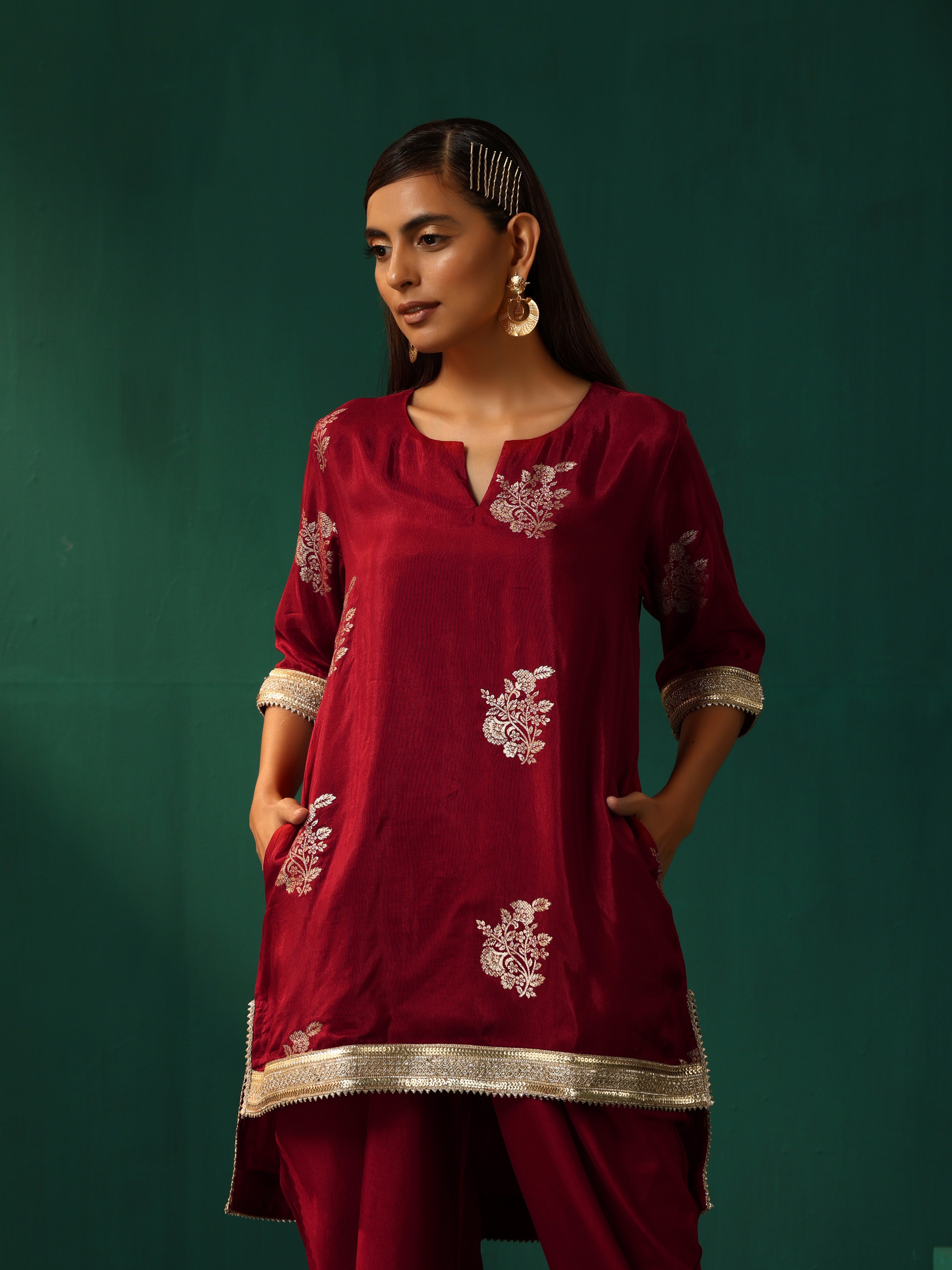 trueBrowns Maroon Floral Viscose Silk High Low Co-ord Set | Grocsy