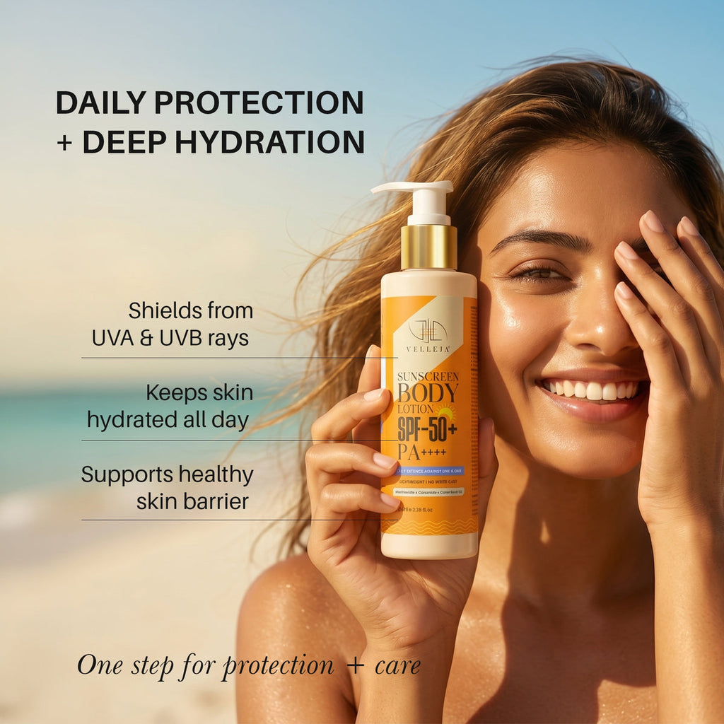 Velleja 2-in-1 Sunscreen Body Lotion SPF 50 PA++++ with 5% Niacinamide & Ceramides | Grocsy