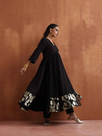 trueBrowns Black Metallic Flared Anarkali Kurta Set | Grocsy