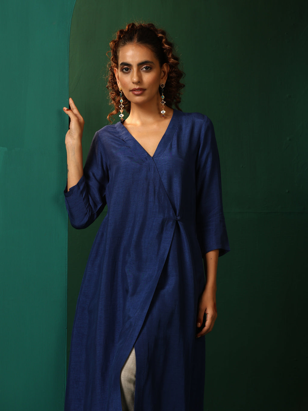trueBrowns Blue Silk Angrakha Kurta Pant Set | Grocsy