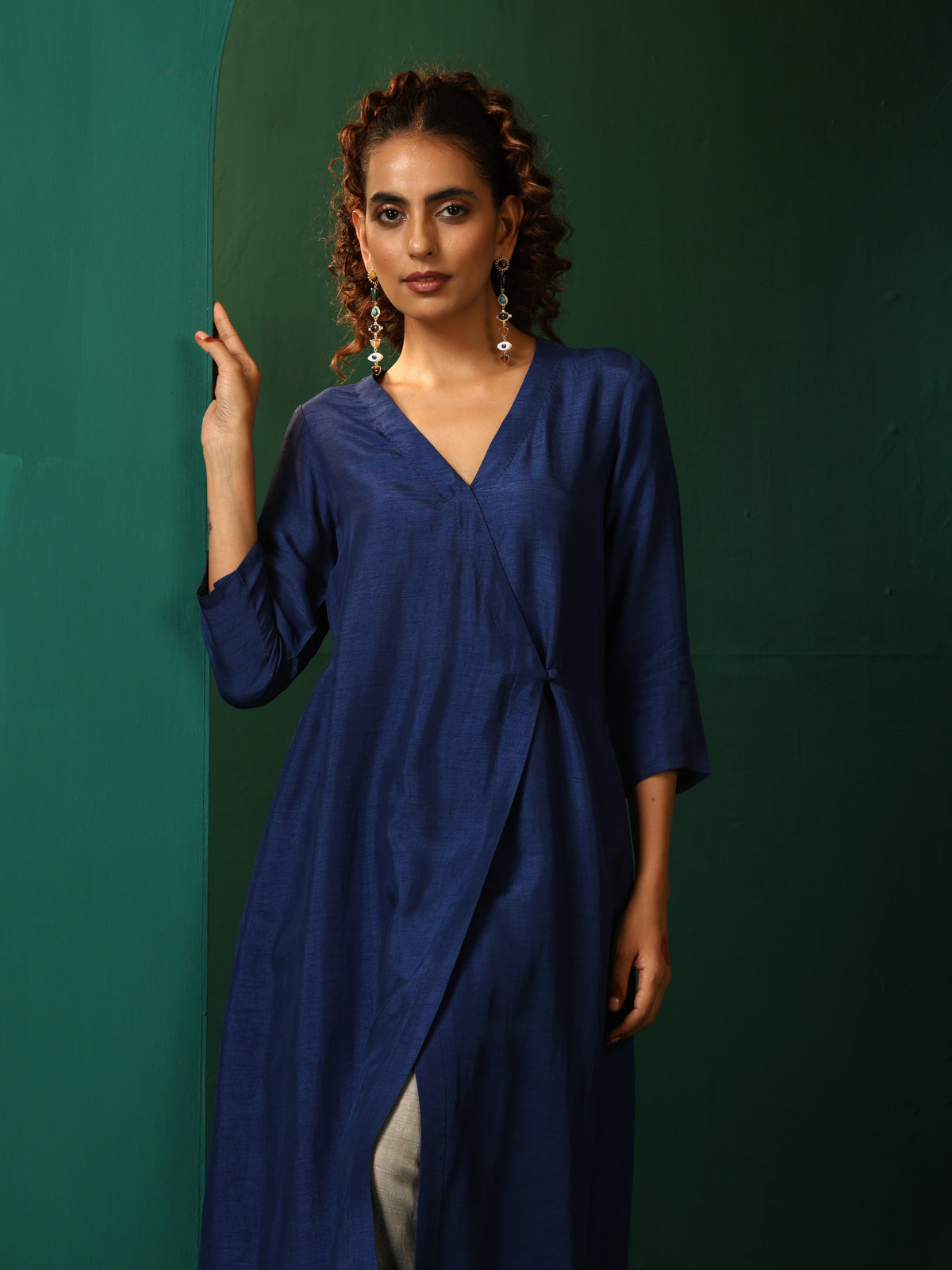 trueBrowns Blue Silk Angrakha Kurta Pant Set | Grocsy