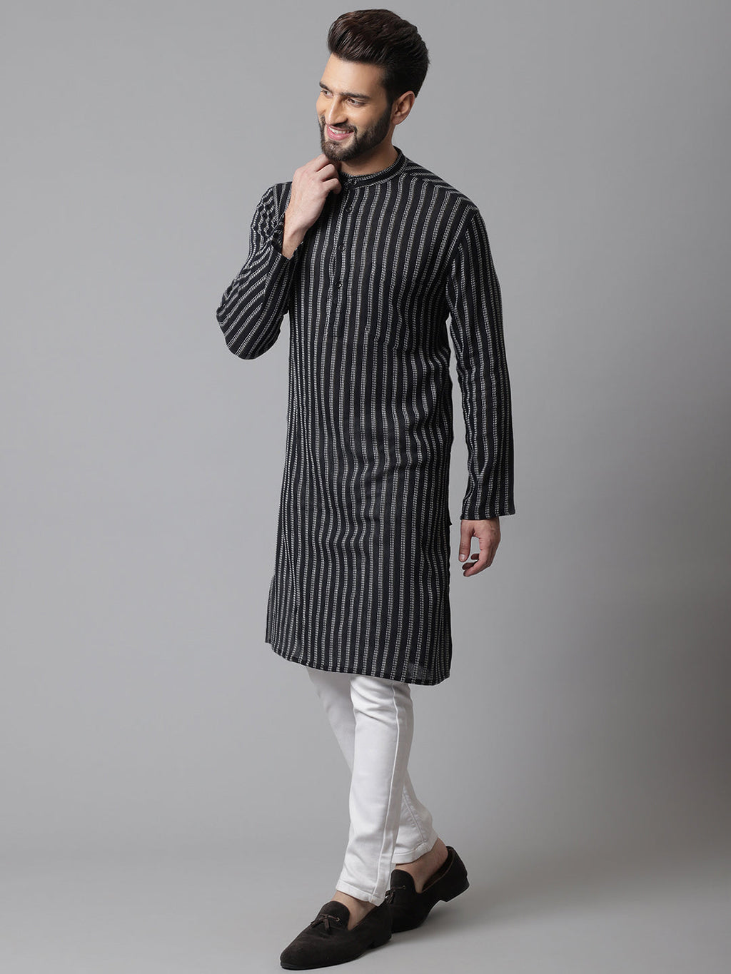 Even Apparels Black Pure Cotton Kurta With Band Collar | Grocsy